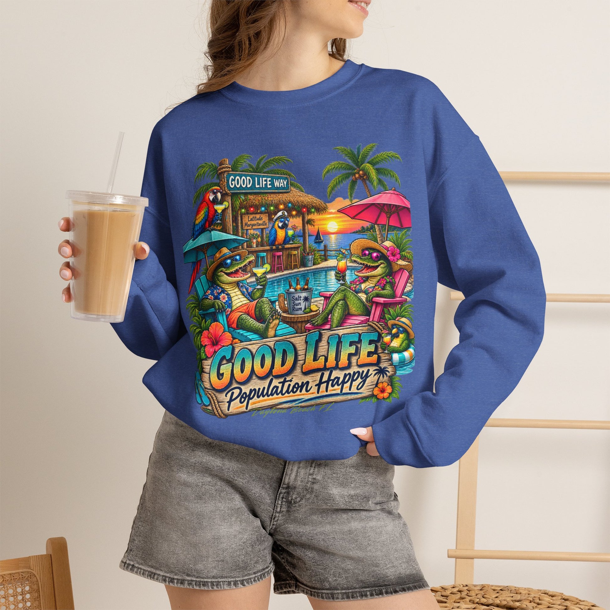 Good Life Beach Crewneck Sweatshirt – Tropical 'Good Life, Population: Happy' Graphic