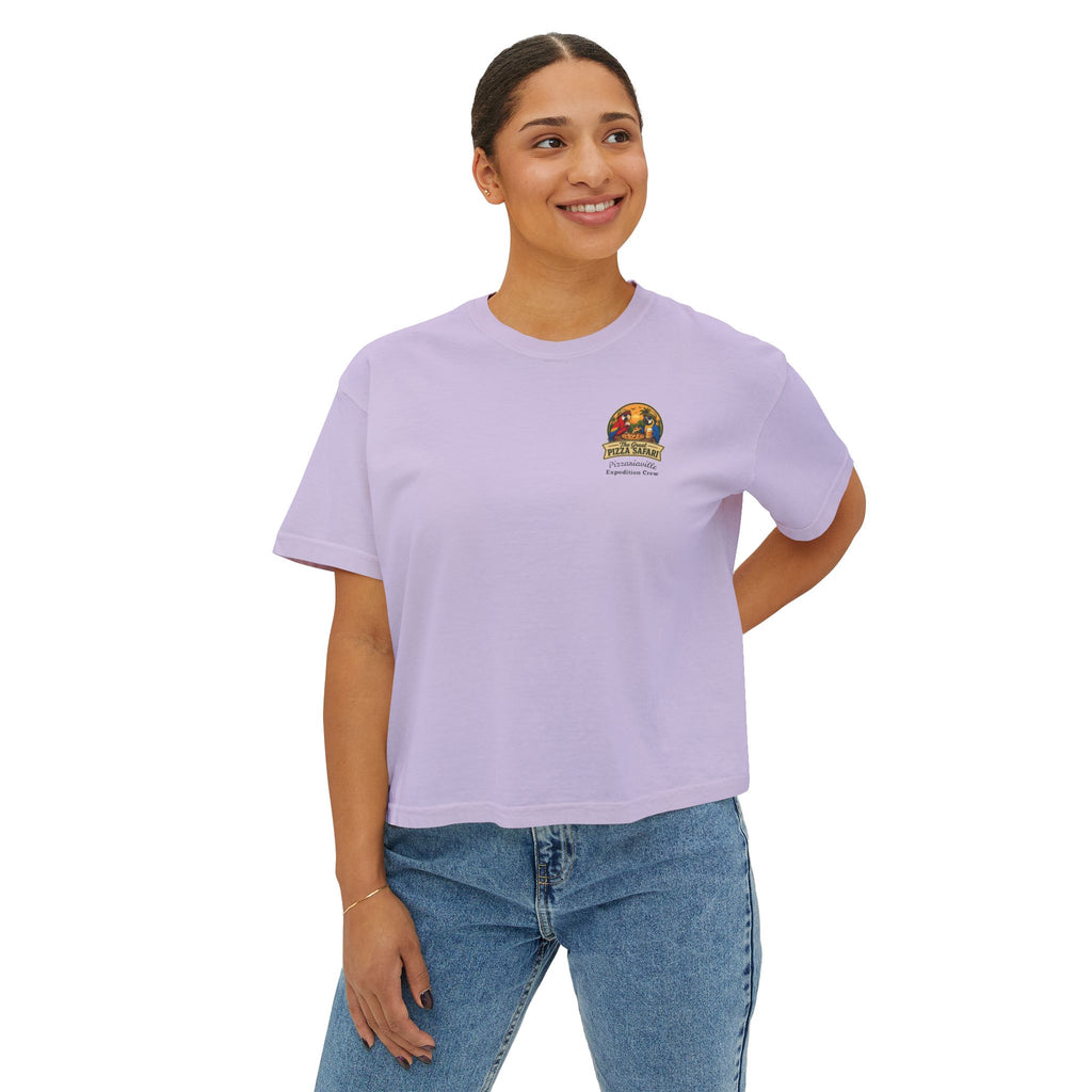 Women's Boxy Tee — The Great Pizza Safari Parrot Graphic T‑Shirt