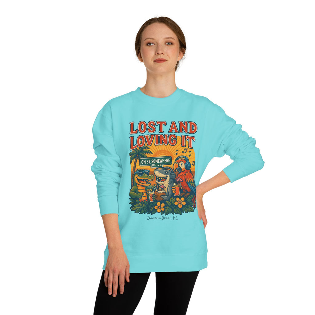 St. Somewhere Dr. Lost and Loving It Crewneck Sweatshirt — Tropical Parrot & Shark Vacation Graphic