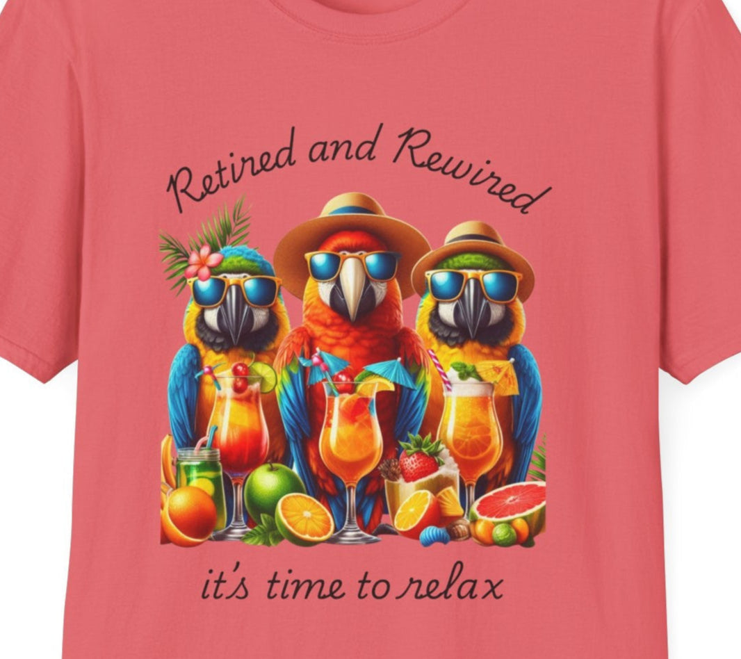 Pink t-shirt with parrot design and text on a white background