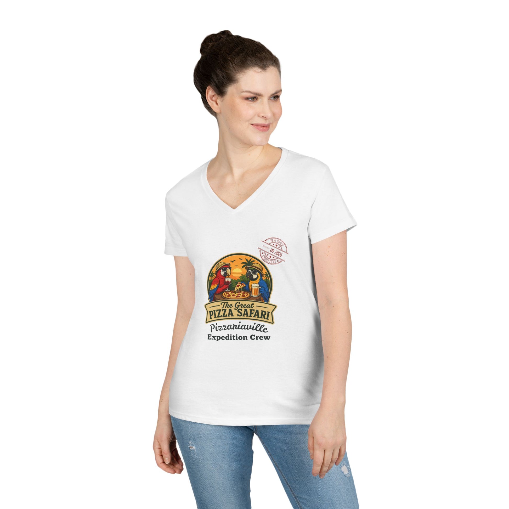 Pizza Safari Ladies' V-Neck T-Shirt — 'Pizzariaville Expedition Crew' Retro Travel Tee