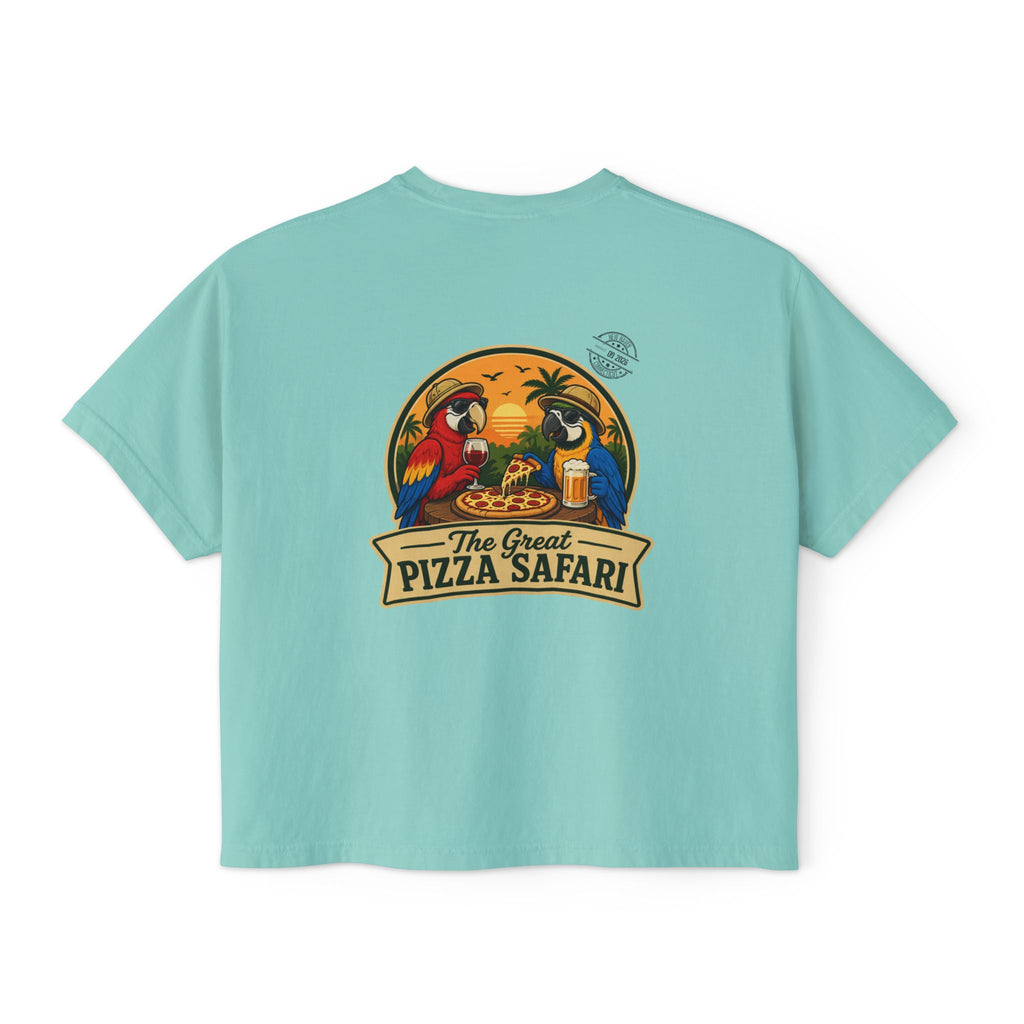 Women's Boxy Tee — The Great Pizza Safari Parrot Graphic T‑Shirt