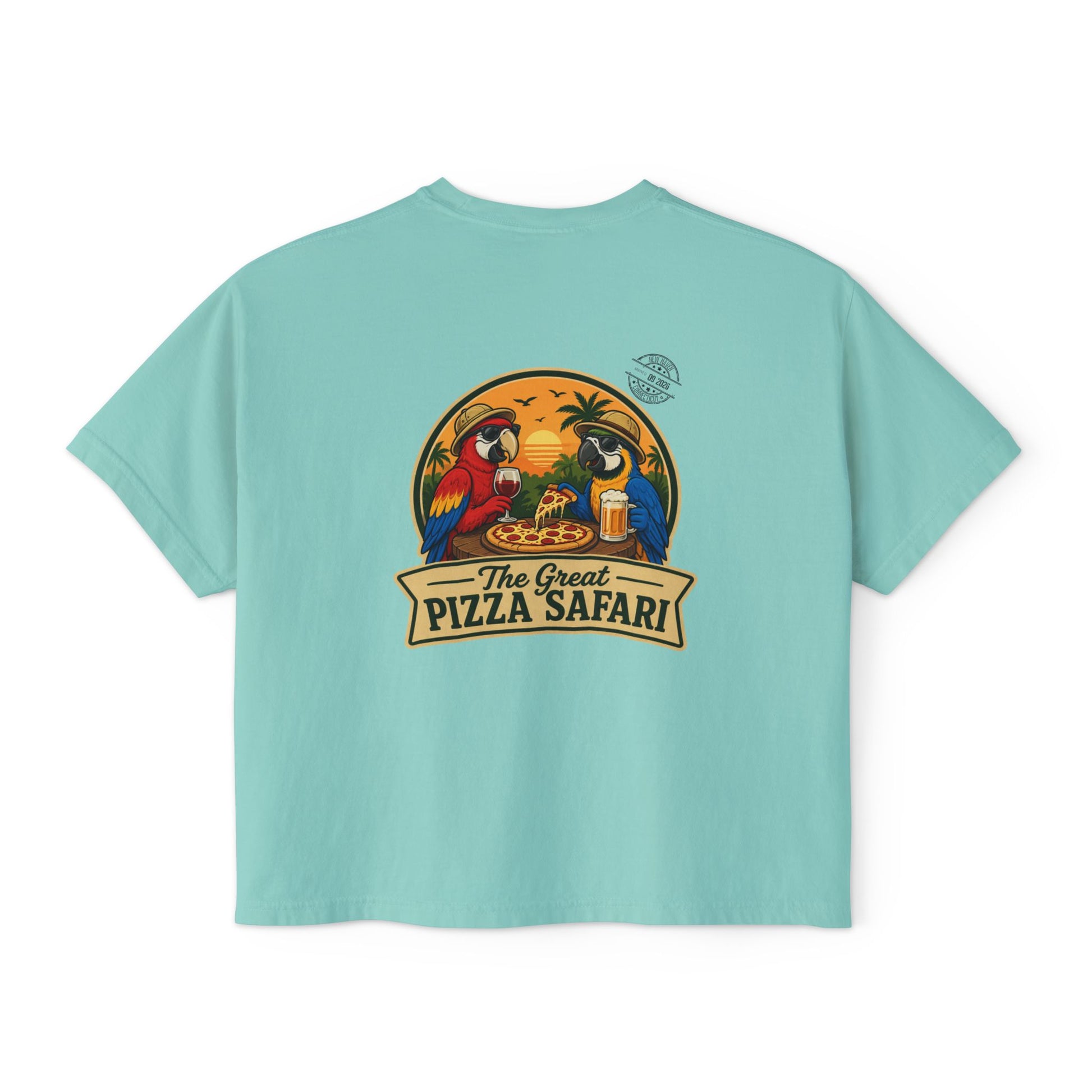 Women's Boxy Tee — The Great Pizza Safari Parrot Graphic T‑Shirt