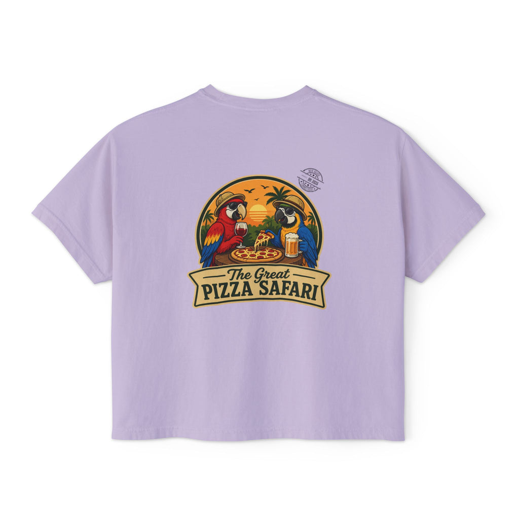 Women's Boxy Tee — The Great Pizza Safari Parrot Graphic T‑Shirt