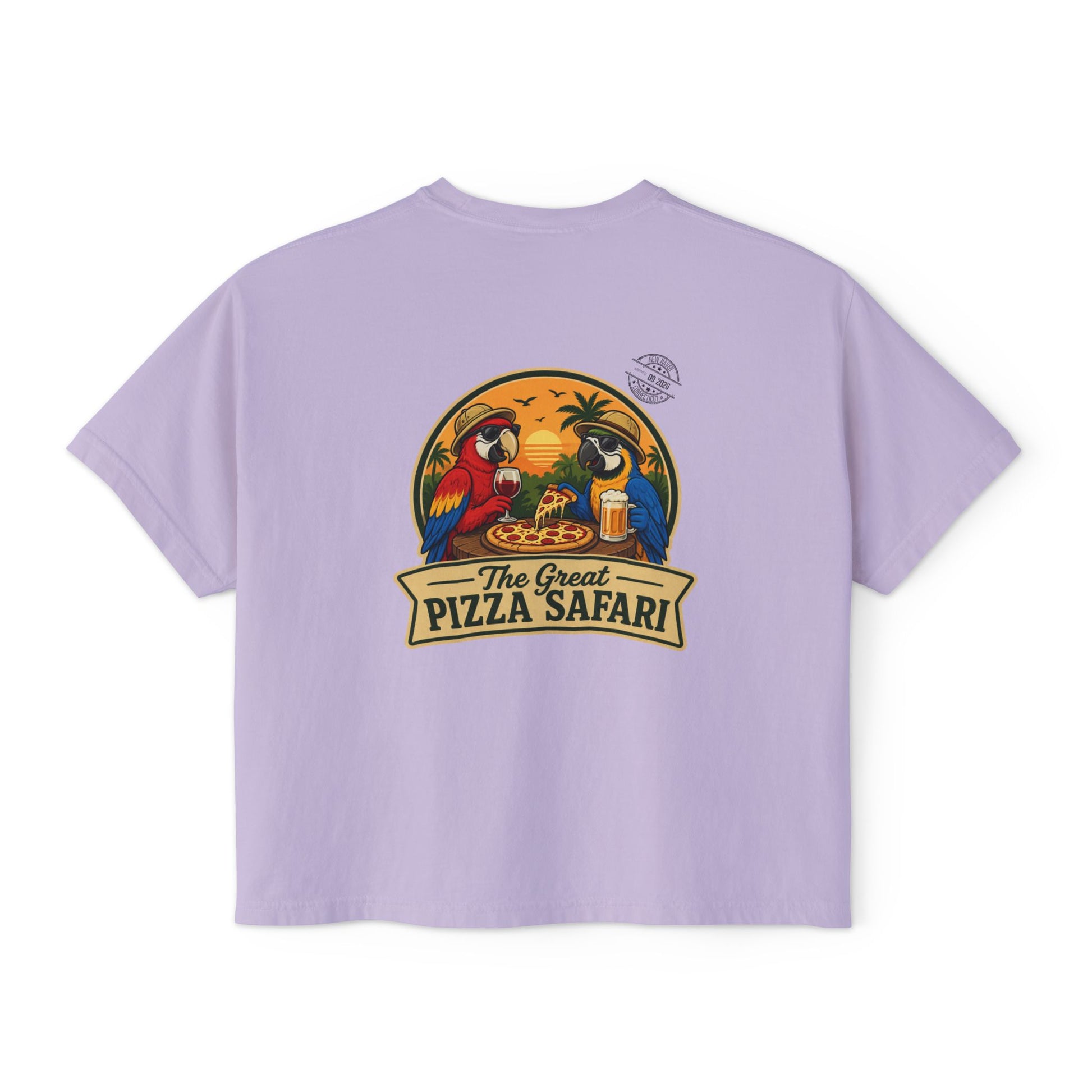 Women's Boxy Tee — The Great Pizza Safari Parrot Graphic T‑Shirt