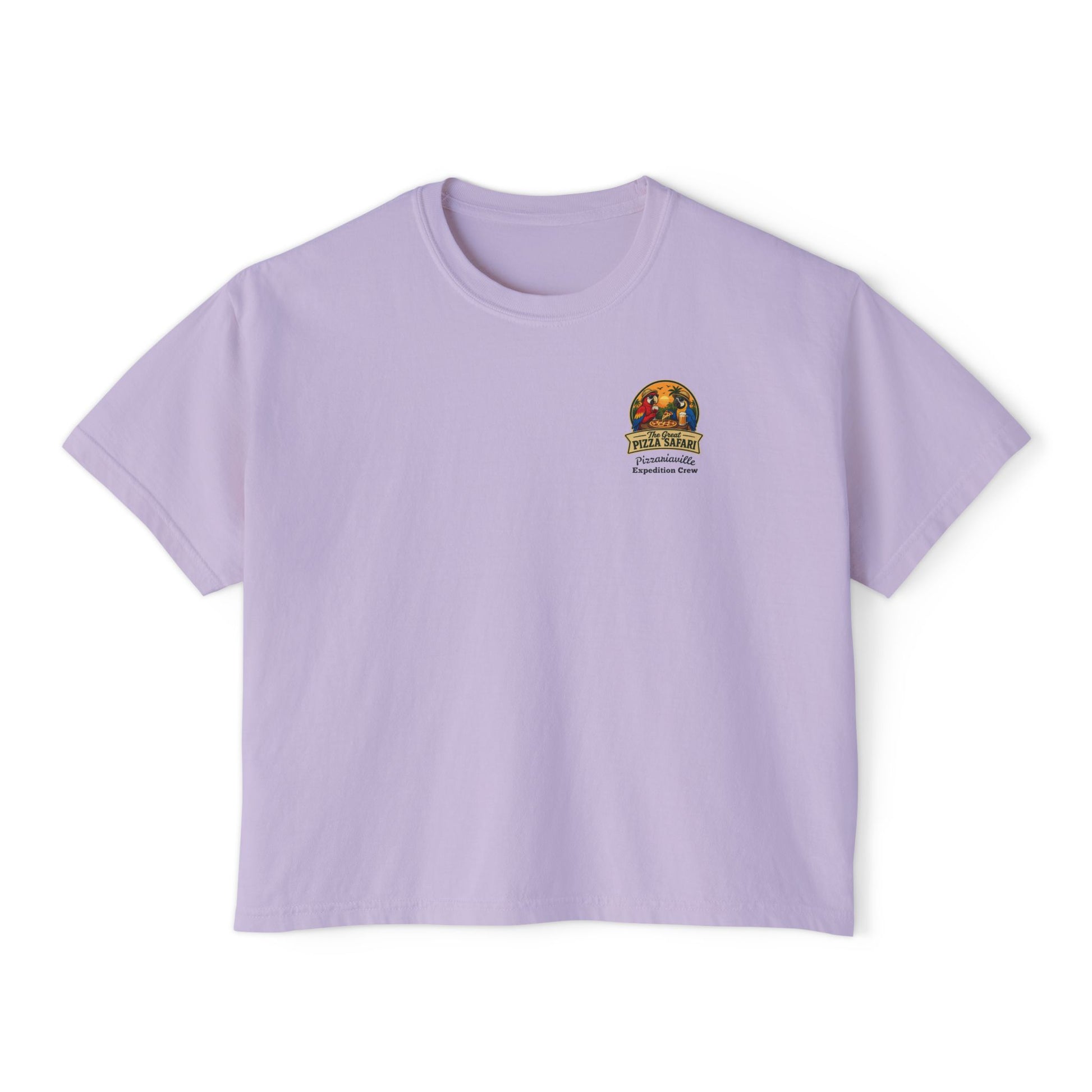 Women's Boxy Tee — The Great Pizza Safari Parrot Graphic T‑Shirt