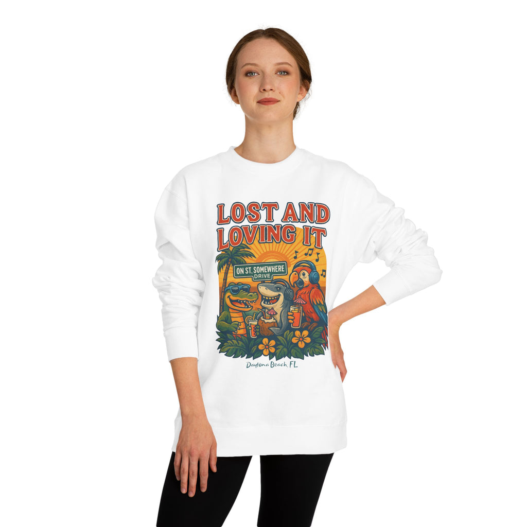 St. Somewhere Dr. Lost and Loving It Crewneck Sweatshirt — Tropical Parrot & Shark Vacation Graphic