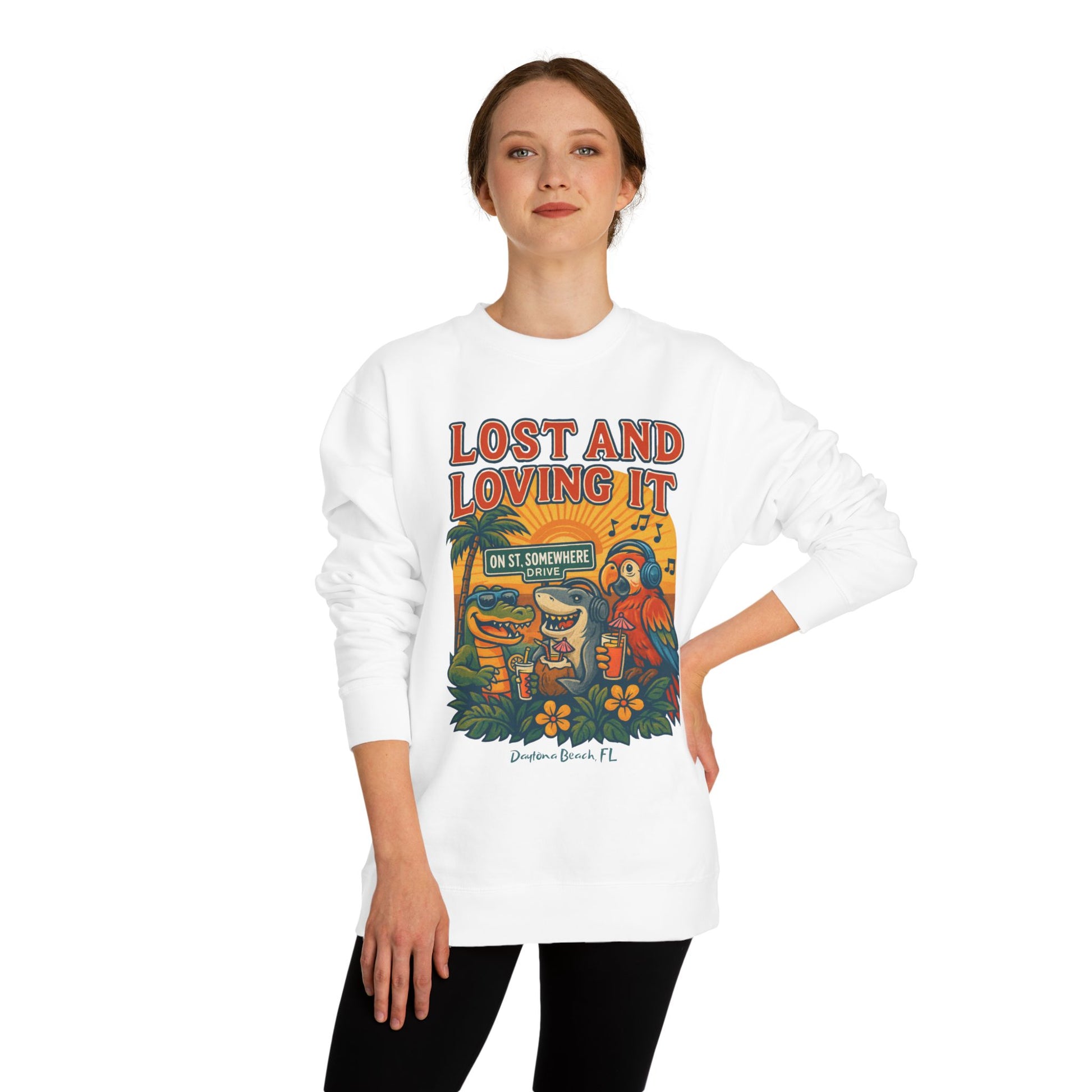 St. Somewhere Dr. Lost and Loving It Crewneck Sweatshirt — Tropical Parrot & Shark Vacation Graphic