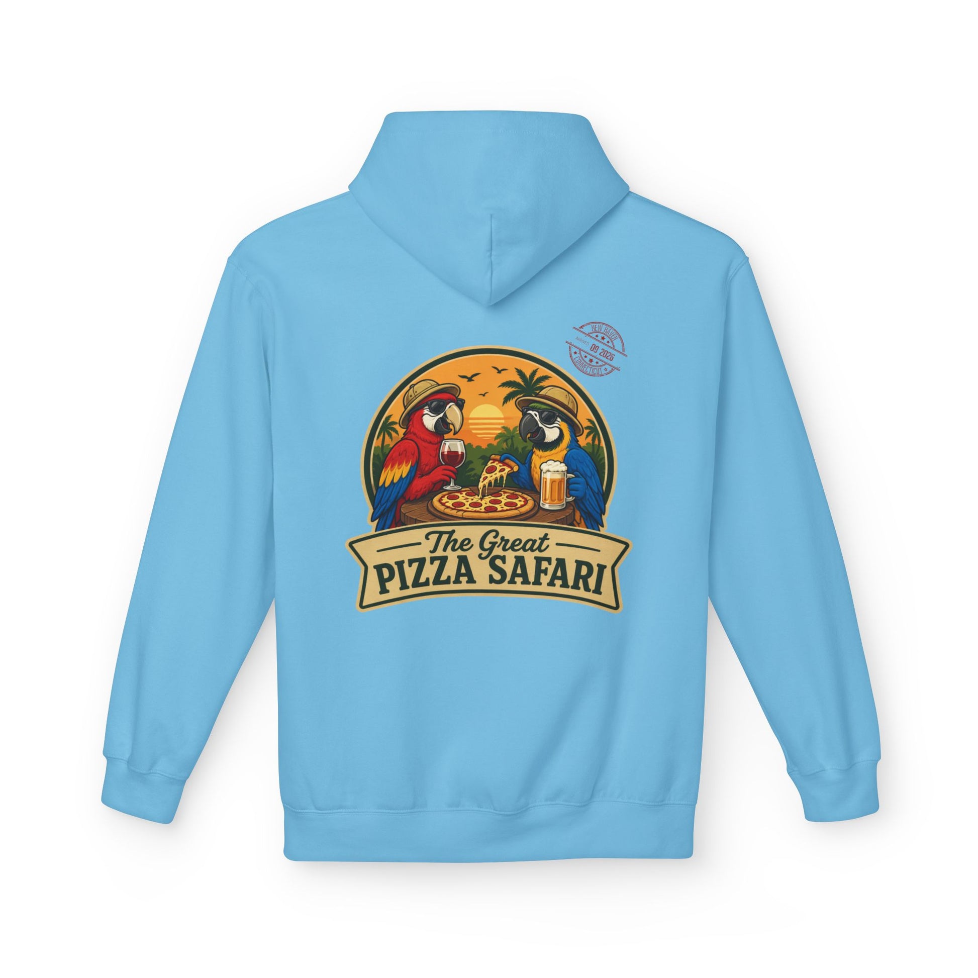Pizza Safari Hoodie — "The Great Pizza Safari" Tropical Parrot Pizza Graphic