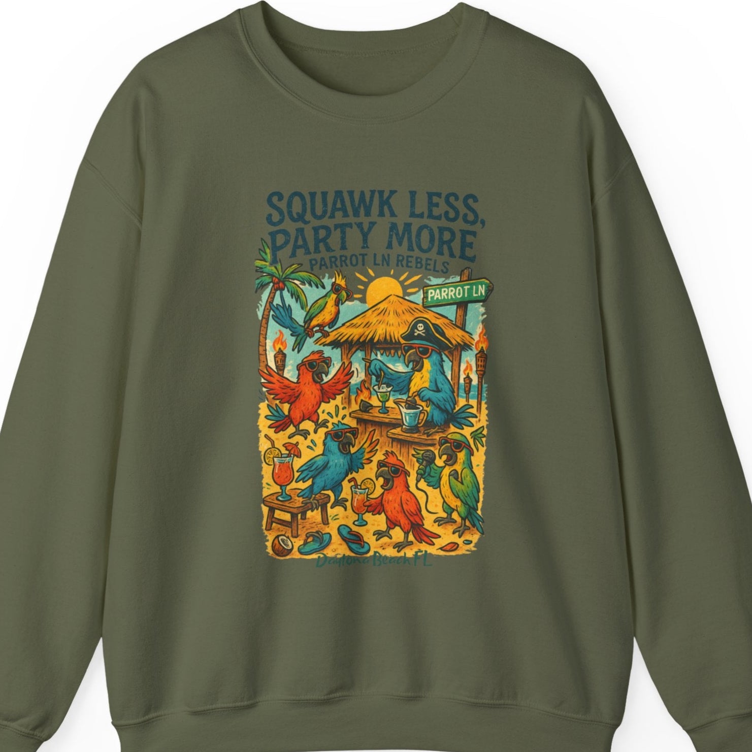 Green sweatshirt with colorful graphic and text on a white background