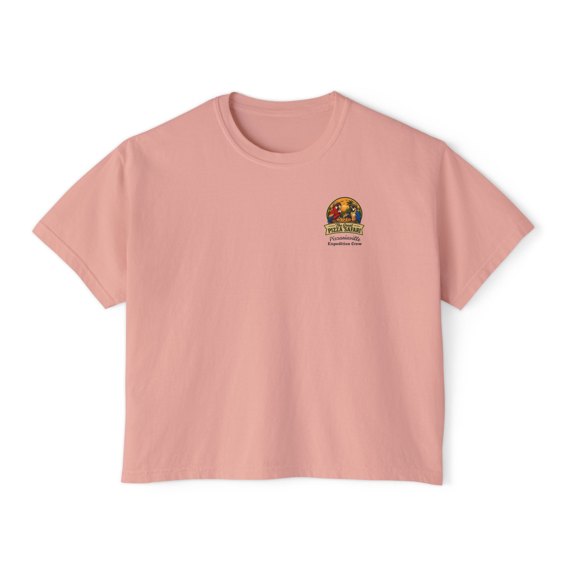 Women's Boxy Tee — The Great Pizza Safari Parrot Graphic T‑Shirt