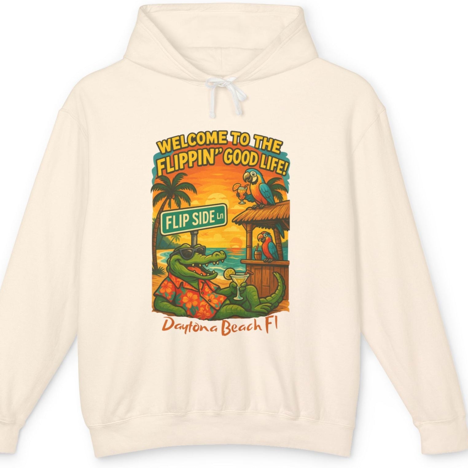 Beige hoodie with a colorful graphic design on a white background