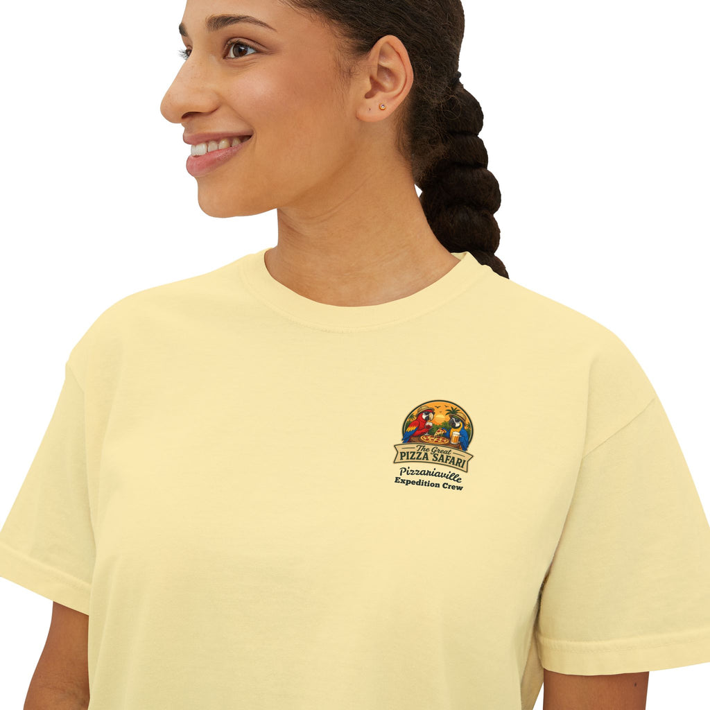 Women's Boxy Tee — The Great Pizza Safari Parrot Graphic T‑Shirt