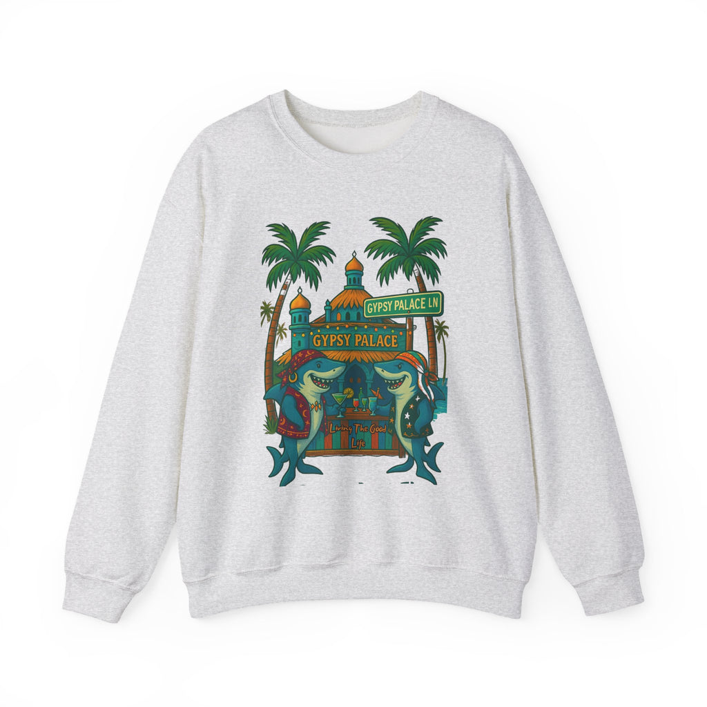 Gray sweatshirt with colorful 'Gypsy Palace' graphic on a white background