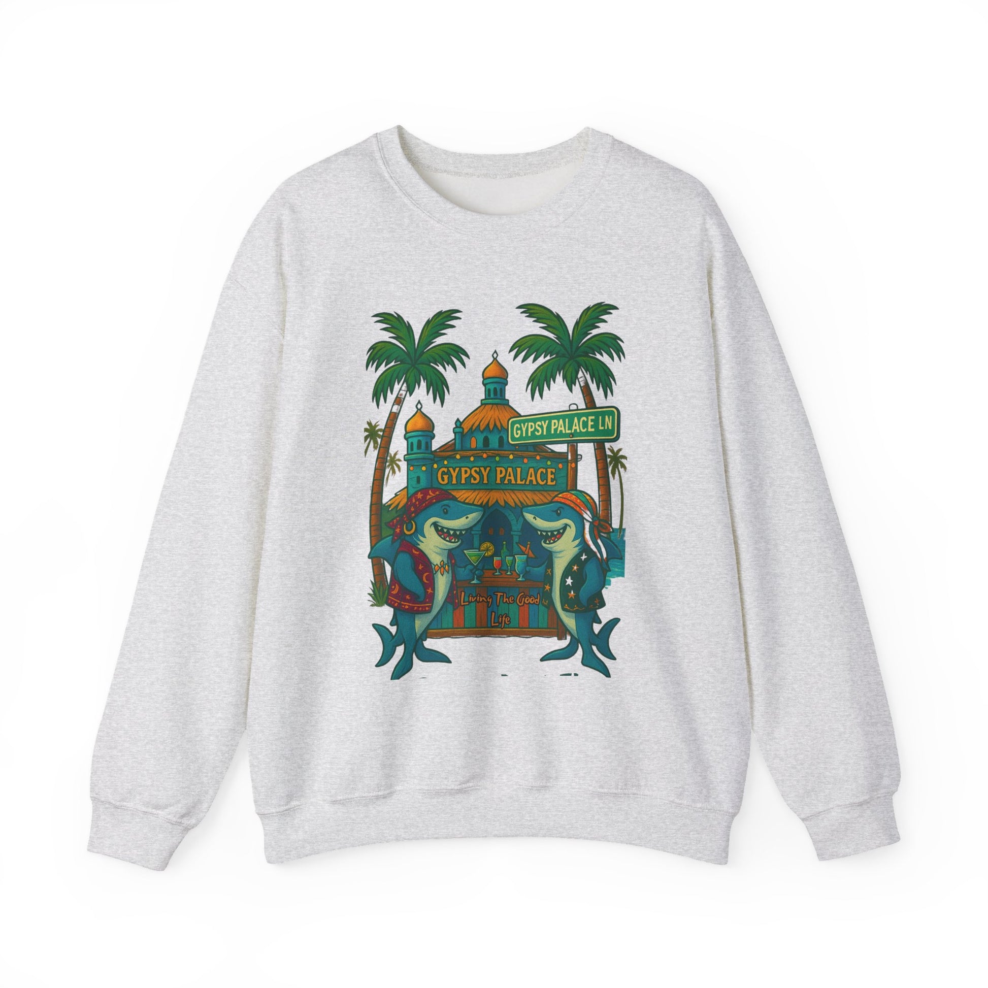 Gray sweatshirt with colorful 'Gypsy Palace' graphic on a white background