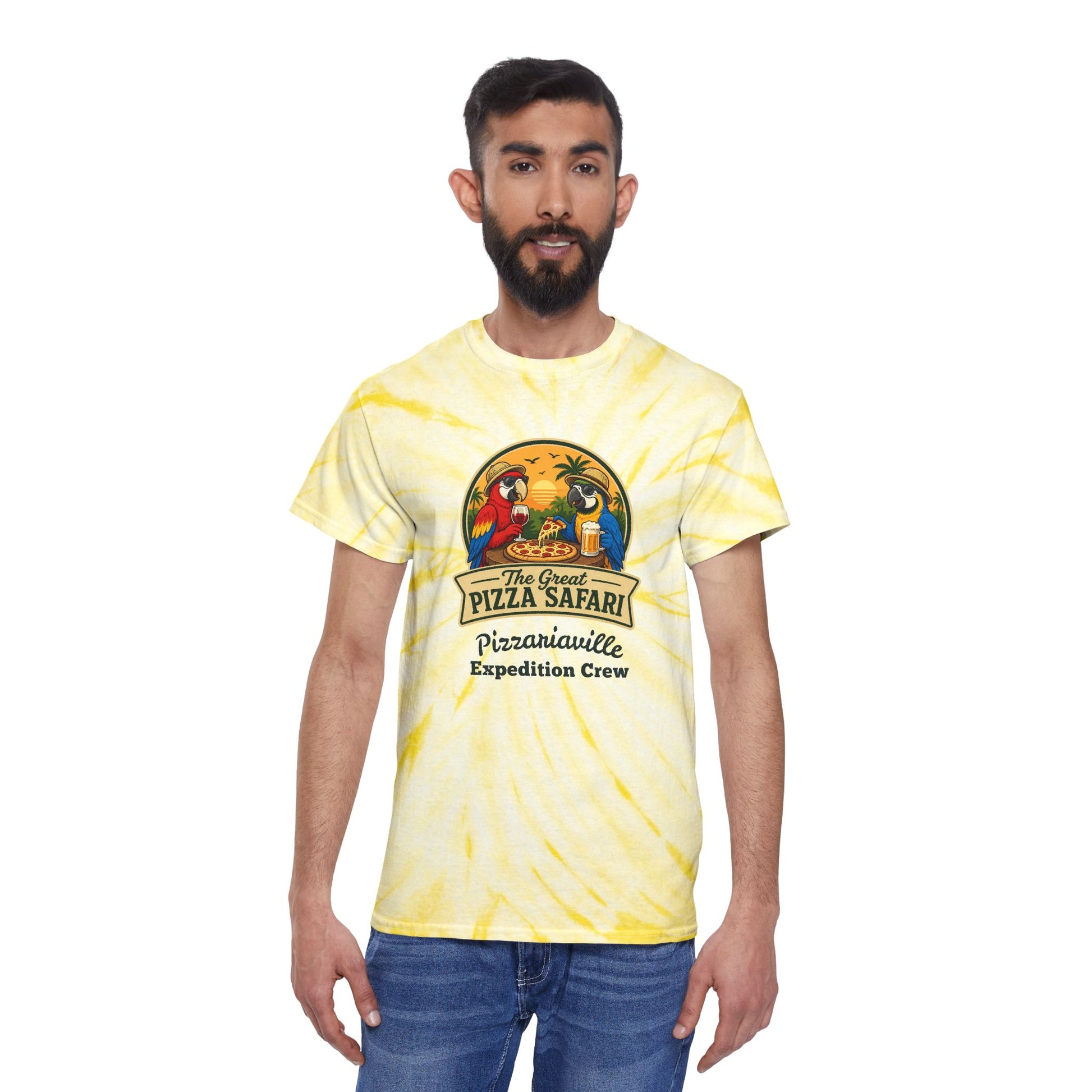 Tie-Dye Tee — The Great Pizza Safari “Pizzariaville Expedition Crew” Graphic Shirt
