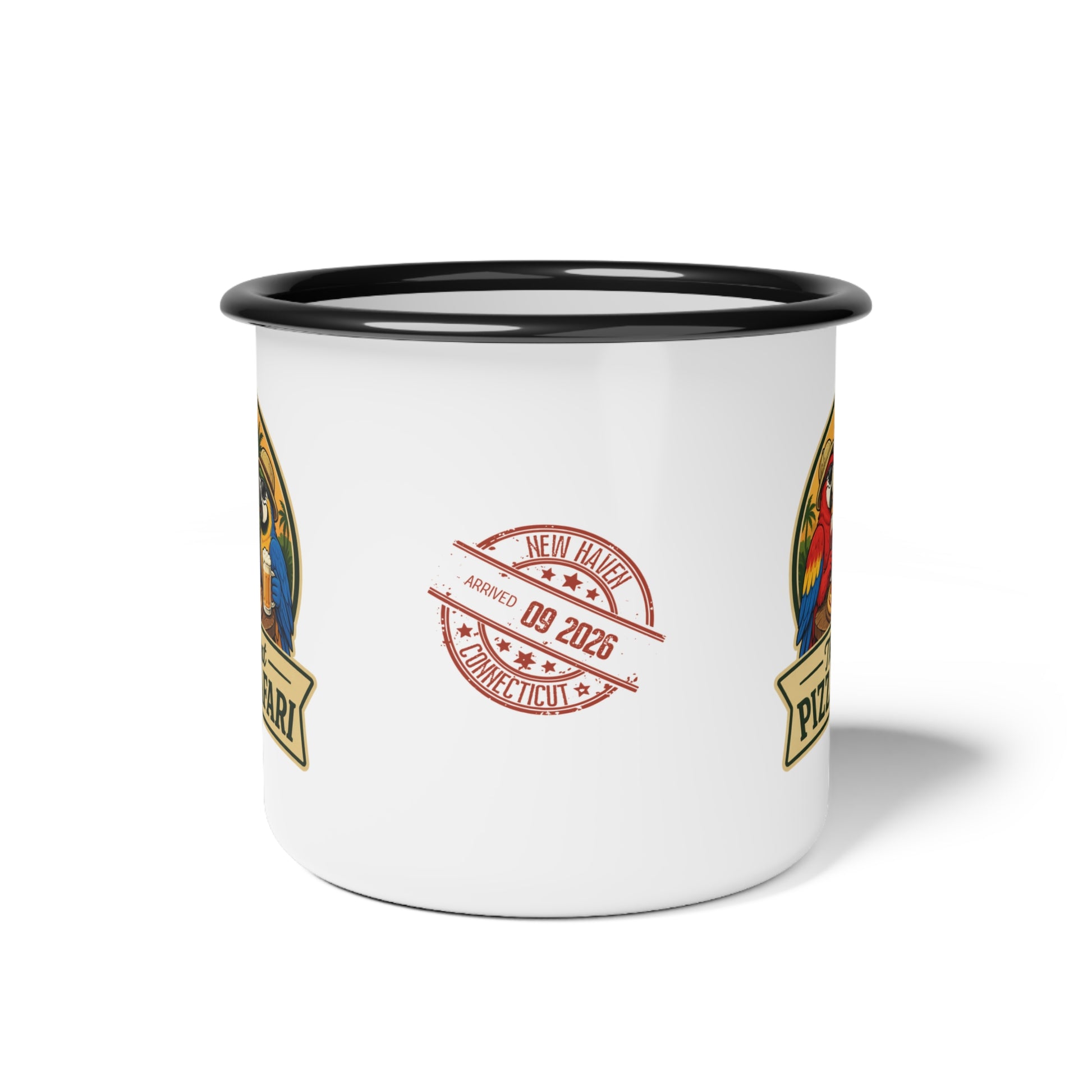 Enamel Camp Cup — "The Great Pizza Safari" Parrot Camping Mug