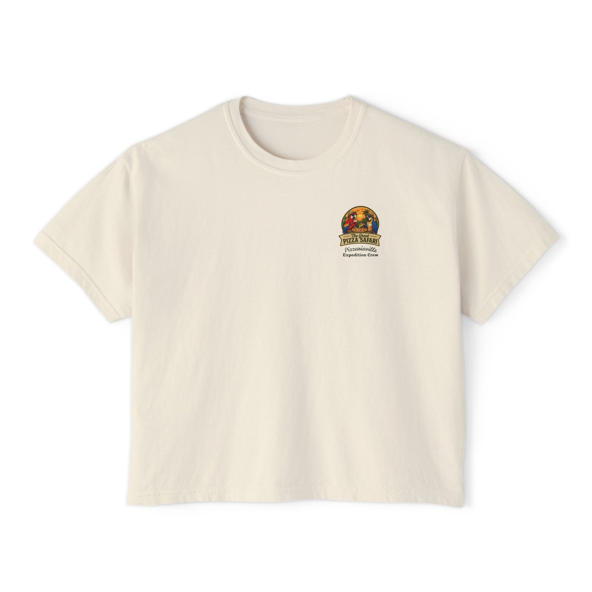 Women's Boxy Tee — The Great Pizza Safari Parrot Graphic T‑Shirt
