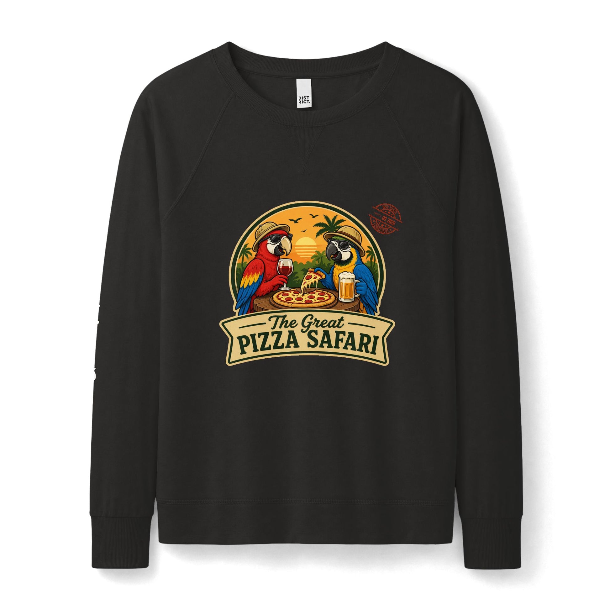 The Great Pizza Safari Crewneck French Terry — Women's Featherweight - Expedition Crew on right sleeve