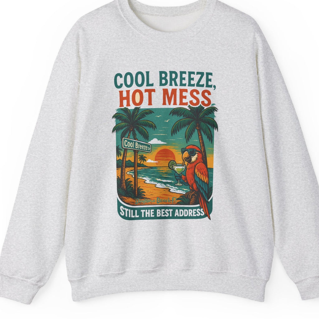 Gray sweatshirt with a tropical graphic and text on a white background