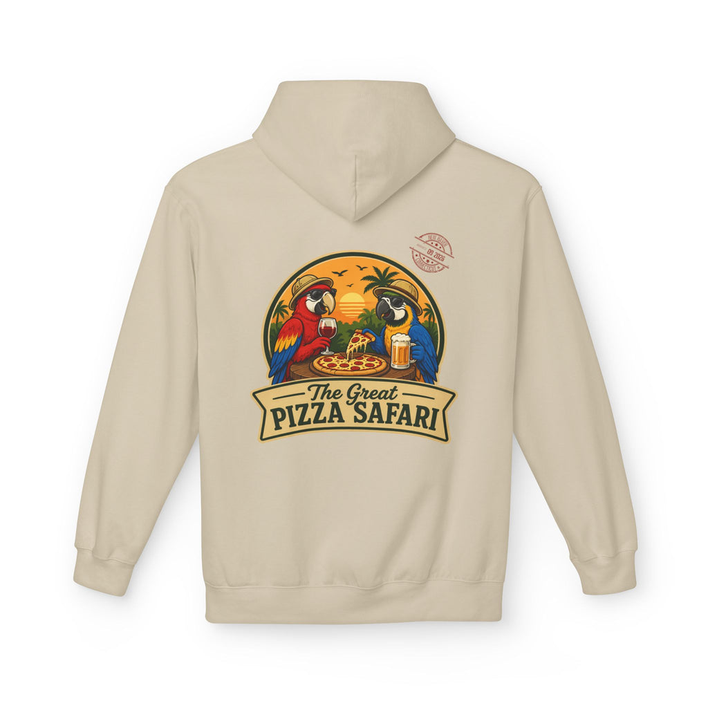 Pizza Safari Hoodie — "The Great Pizza Safari" Tropical Parrot Pizza Graphic