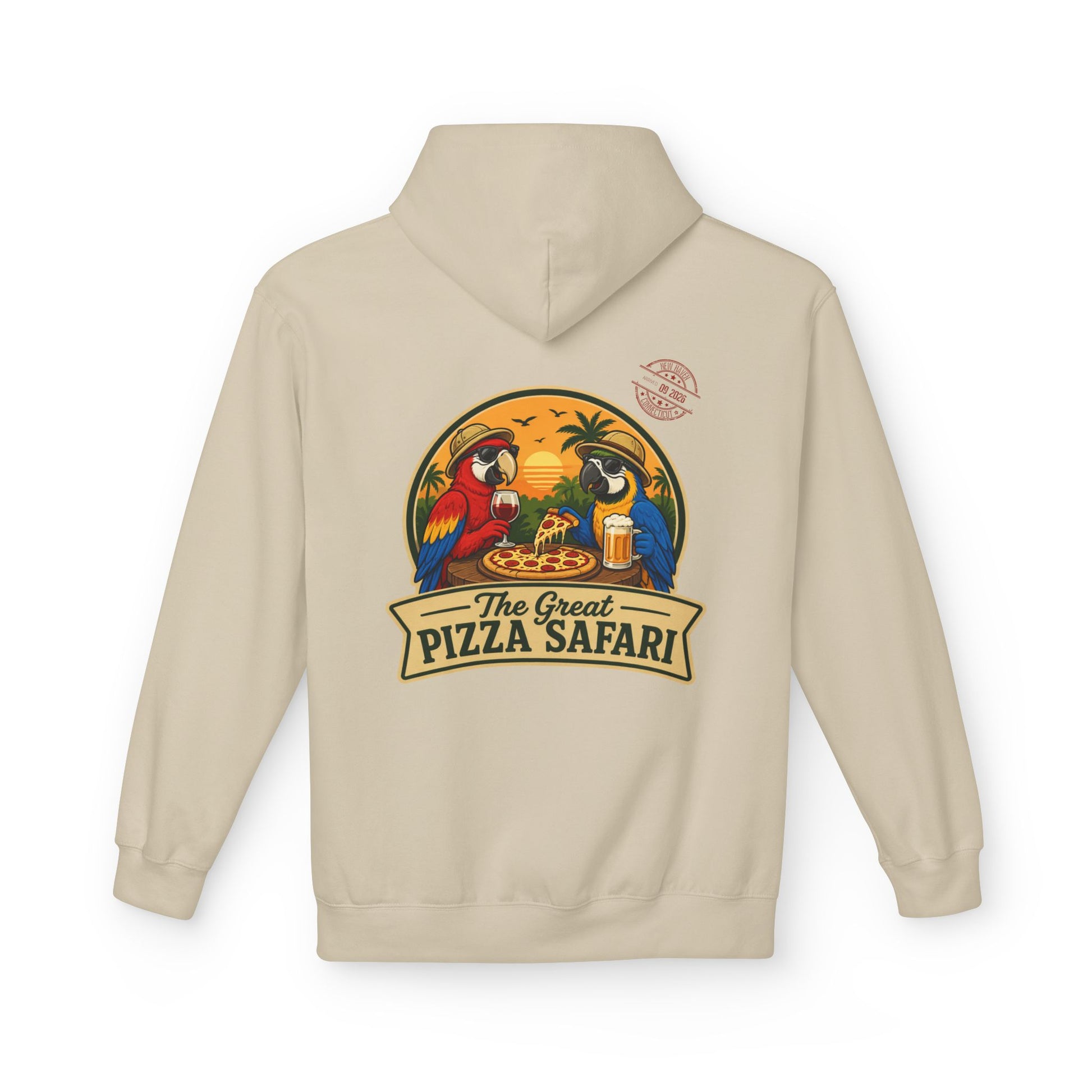 Pizza Safari Hoodie — "The Great Pizza Safari" Tropical Parrot Pizza Graphic