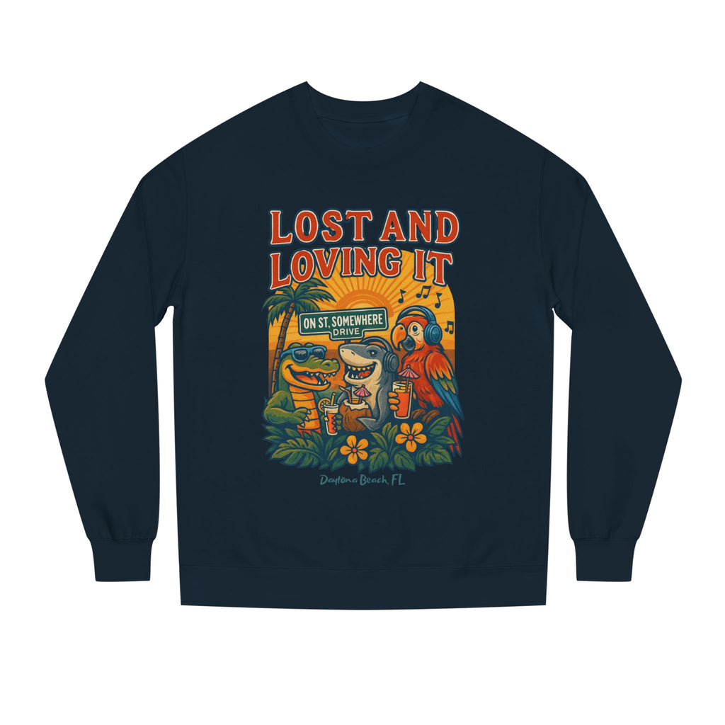 St. Somewhere Dr. Lost and Loving It Crewneck Sweatshirt — Tropical Parrot & Shark Vacation Graphic