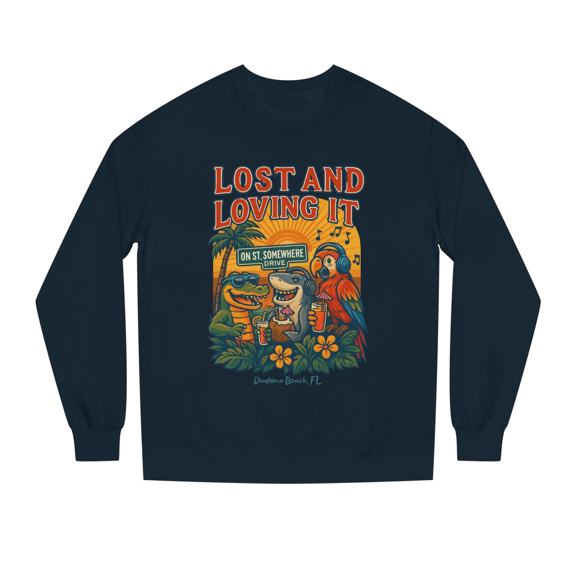 St. Somewhere Dr. Lost and Loving It Crewneck Sweatshirt — Tropical Parrot & Shark Vacation Graphic