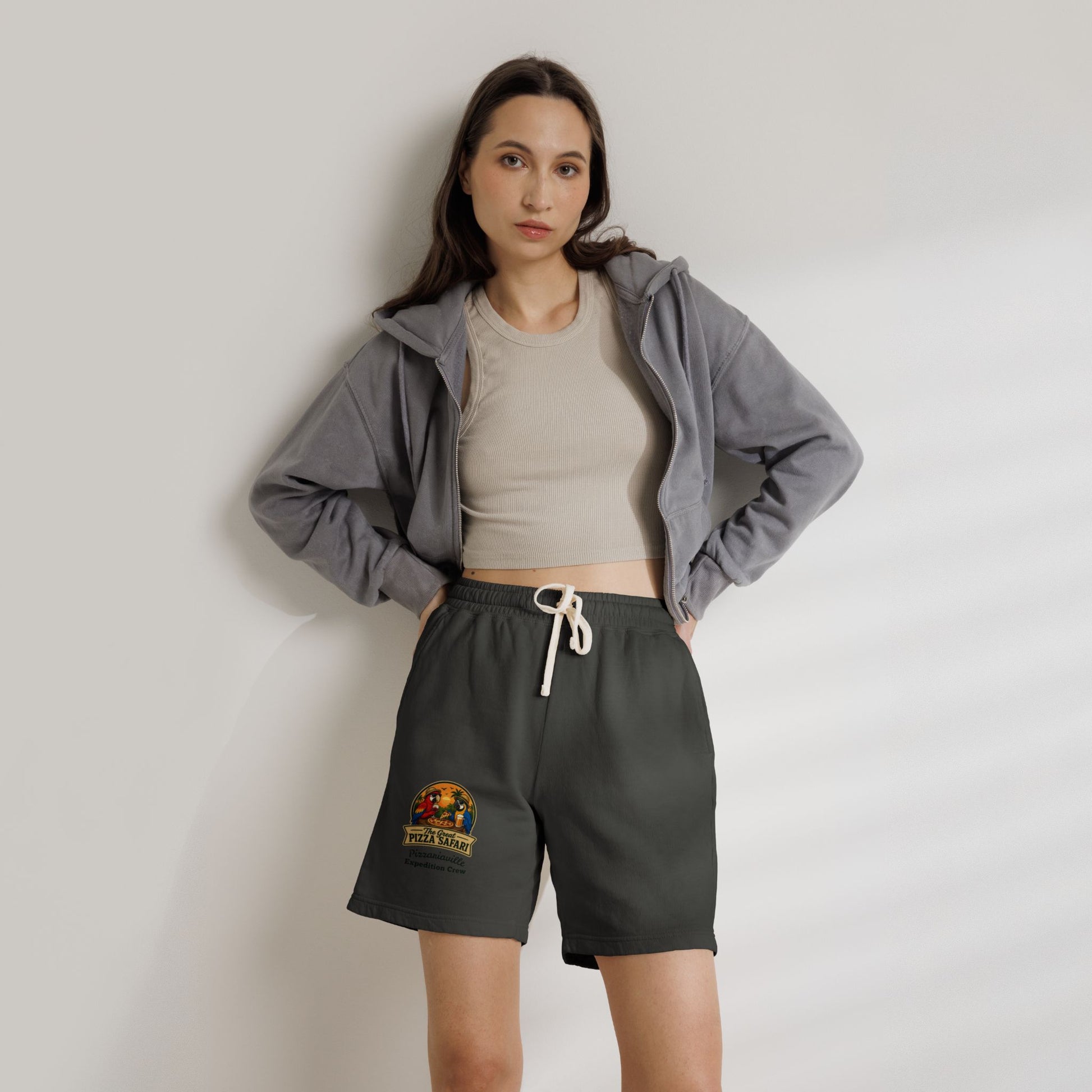 Unisex  Lightweight Garment-Dyed Fleece Sweat Shorts with Retro Pizza Safari Logo