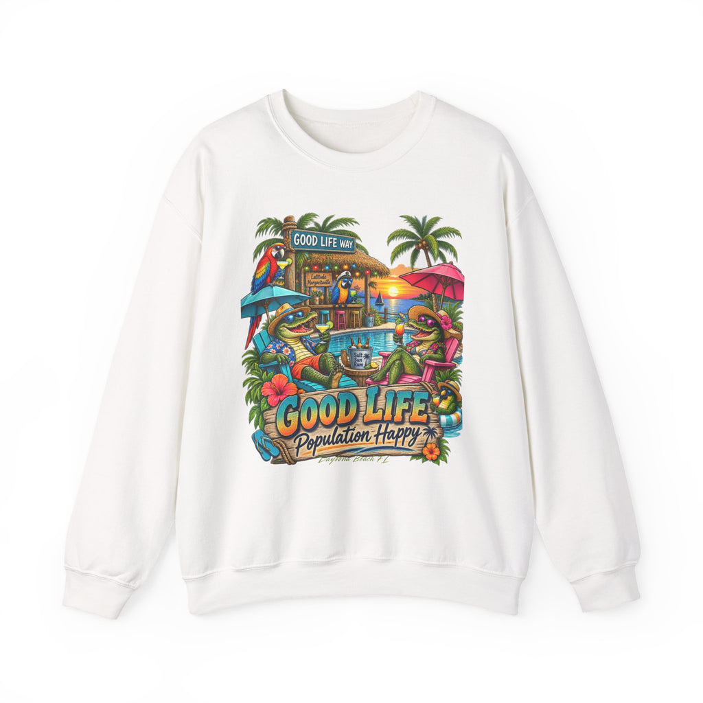 Good Life Beach Crewneck Sweatshirt – Tropical 'Good Life, Population: Happy' Graphic