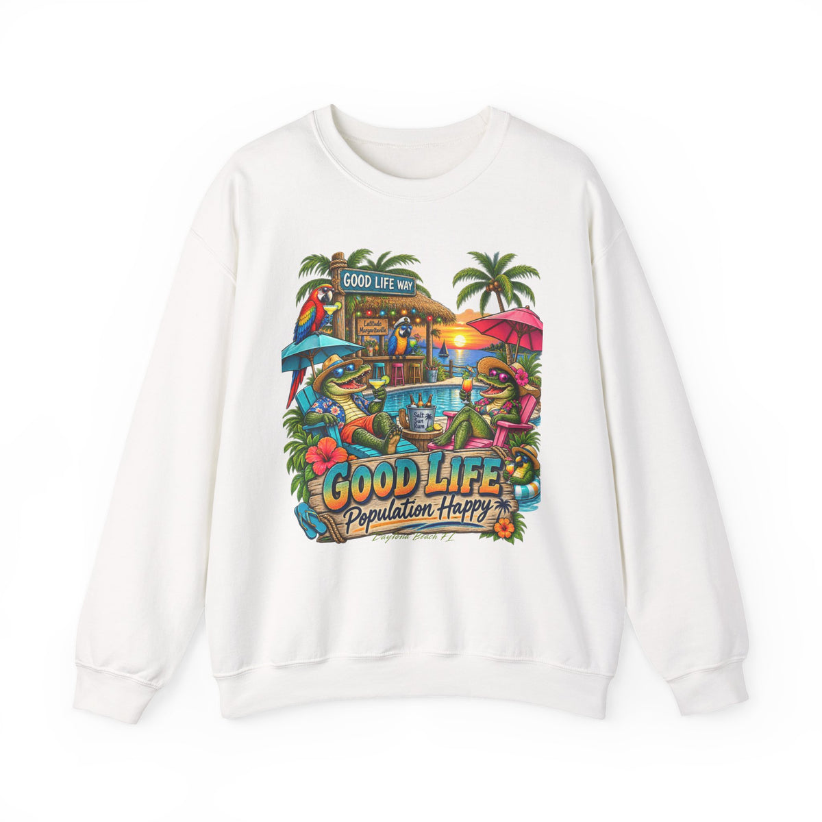Good Life Beach Crewneck Sweatshirt – Tropical 'Good Life, Population: Happy' Graphic