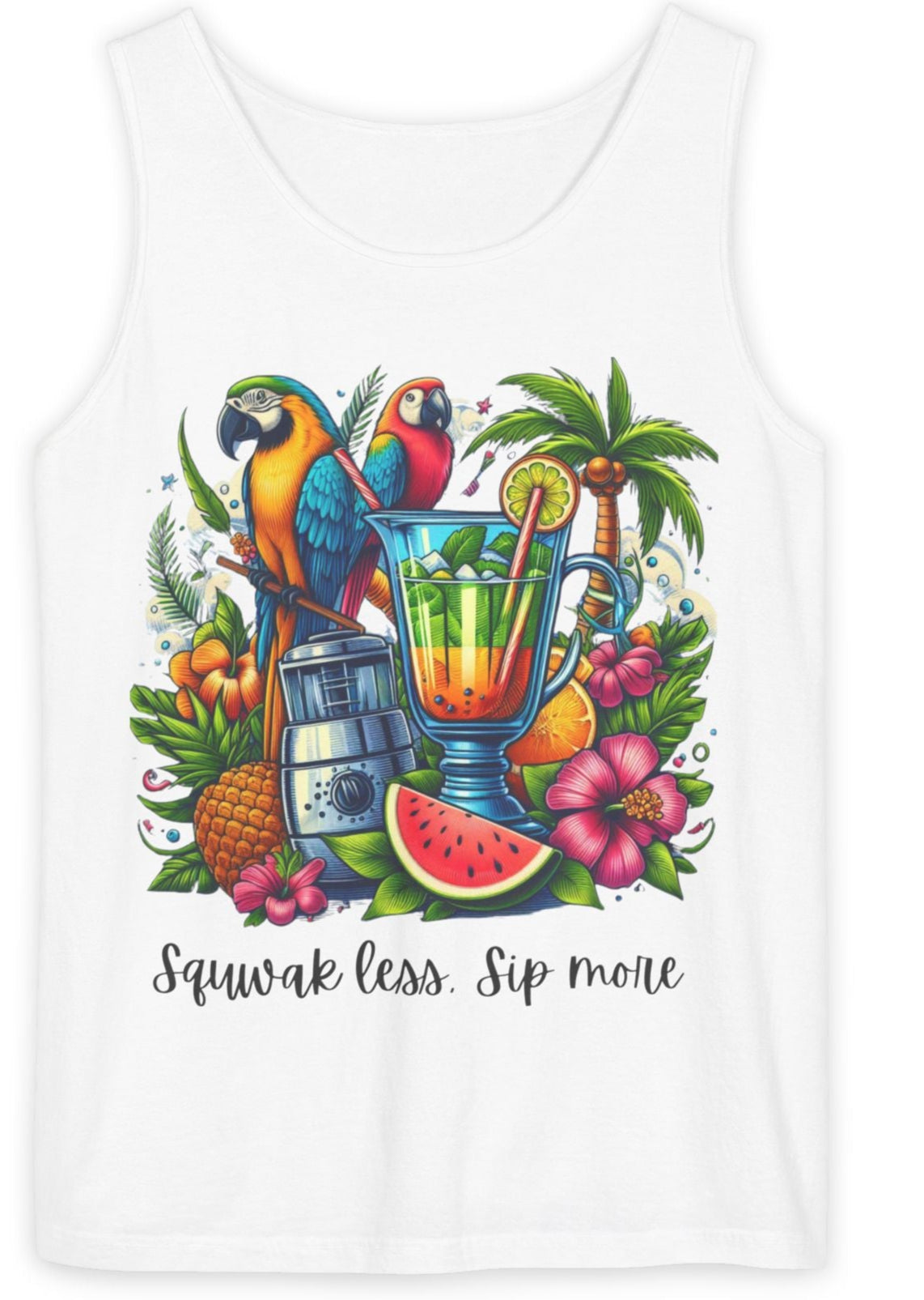 White tank top with a colorful parrot and tropical drink design on a white background