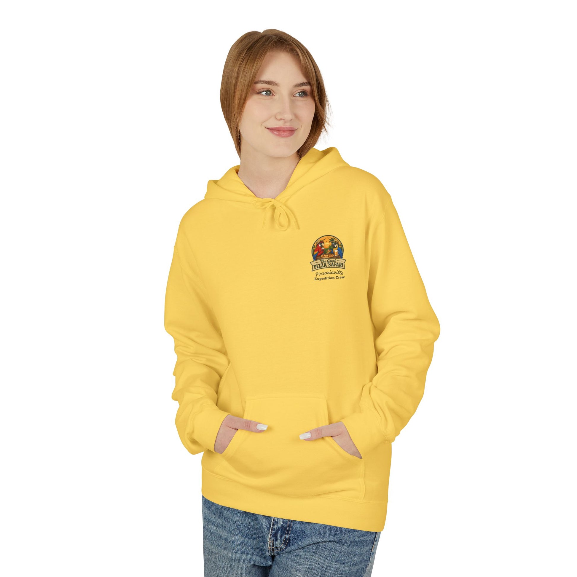 Pizza Safari Hoodie — "The Great Pizza Safari" Tropical Parrot Pizza Graphic