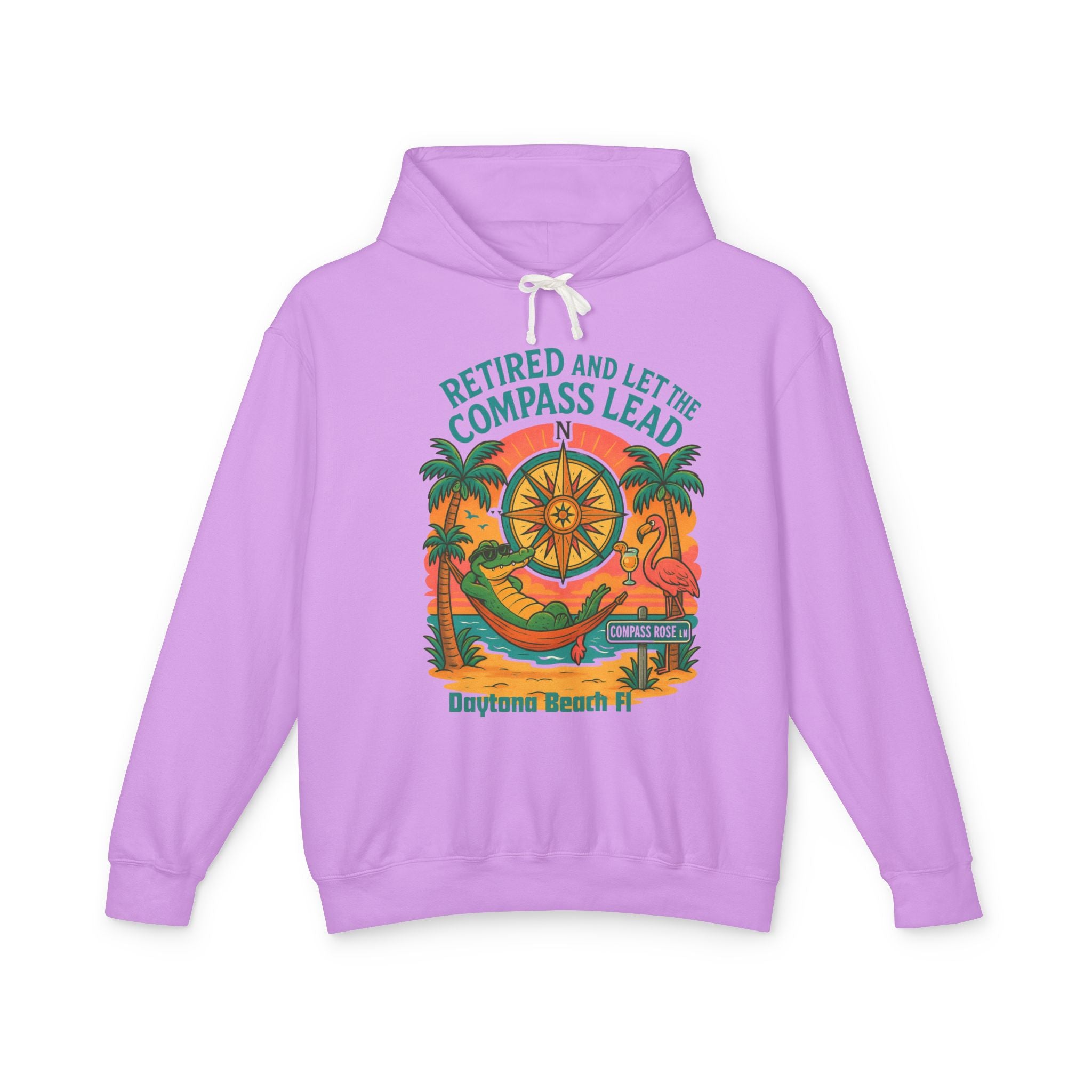 Purple hoodie with tropical graphic design on a white background