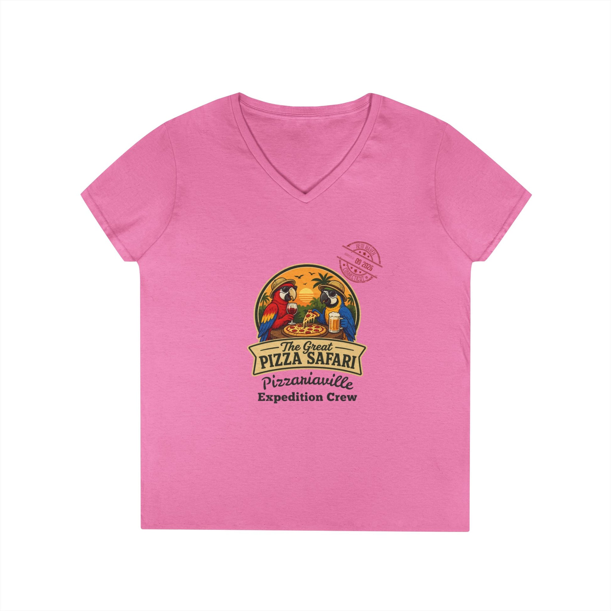 Pizza Safari Ladies' V-Neck T-Shirt — 'Pizzariaville Expedition Crew' Retro Travel Tee