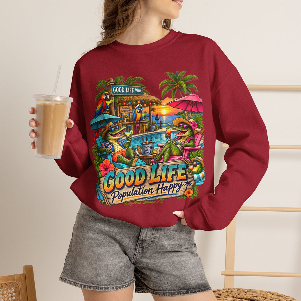 Good Life Beach Crewneck Sweatshirt – Tropical 'Good Life, Population: Happy' Graphic