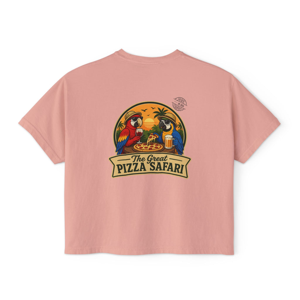 Women's Boxy Tee — The Great Pizza Safari Parrot Graphic T‑Shirt
