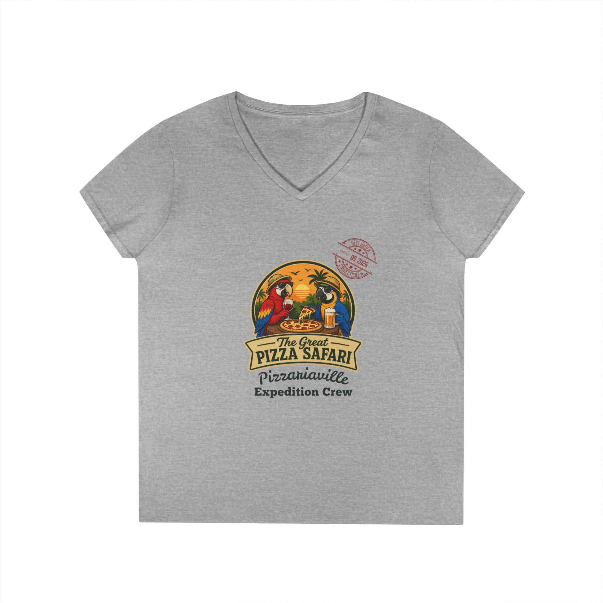Pizza Safari Ladies' V-Neck T-Shirt — 'Pizzariaville Expedition Crew' Retro Travel Tee