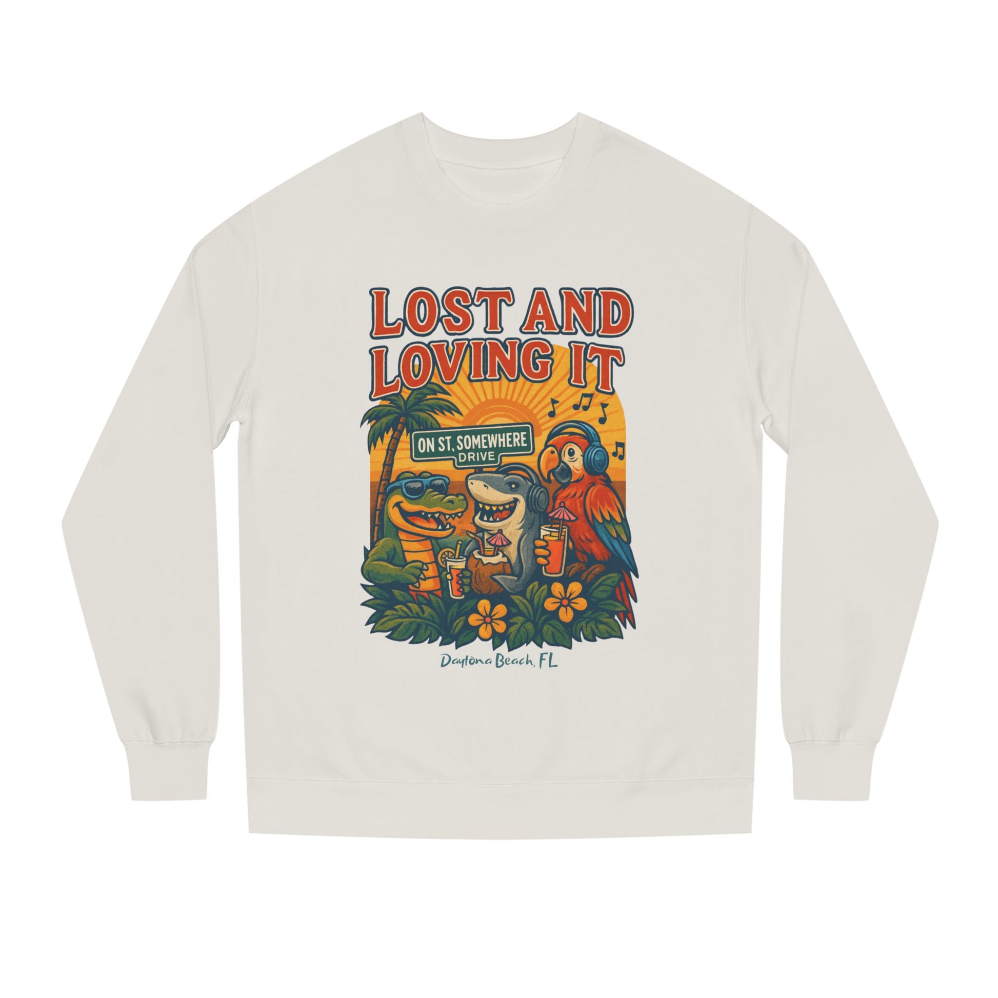 St. Somewhere Dr. Lost and Loving It Crewneck Sweatshirt — Tropical Parrot & Shark Vacation Graphic
