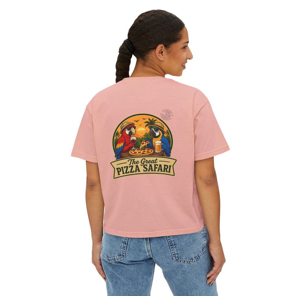 Women's Boxy Tee — The Great Pizza Safari Parrot Graphic T‑Shirt