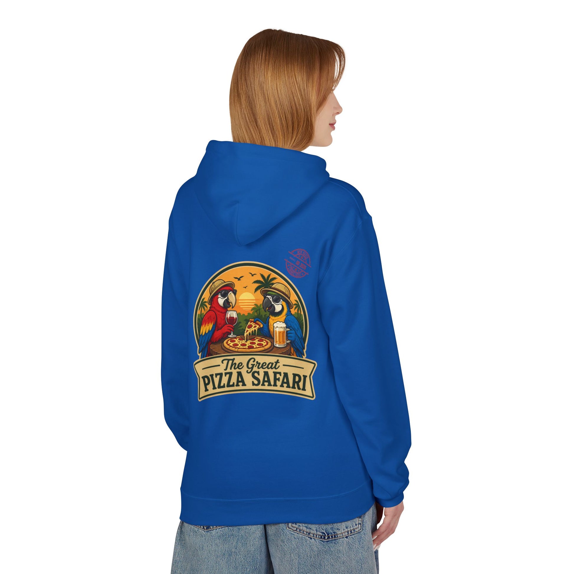 Pizza Safari Hoodie — "The Great Pizza Safari" Tropical Parrot Pizza Graphic