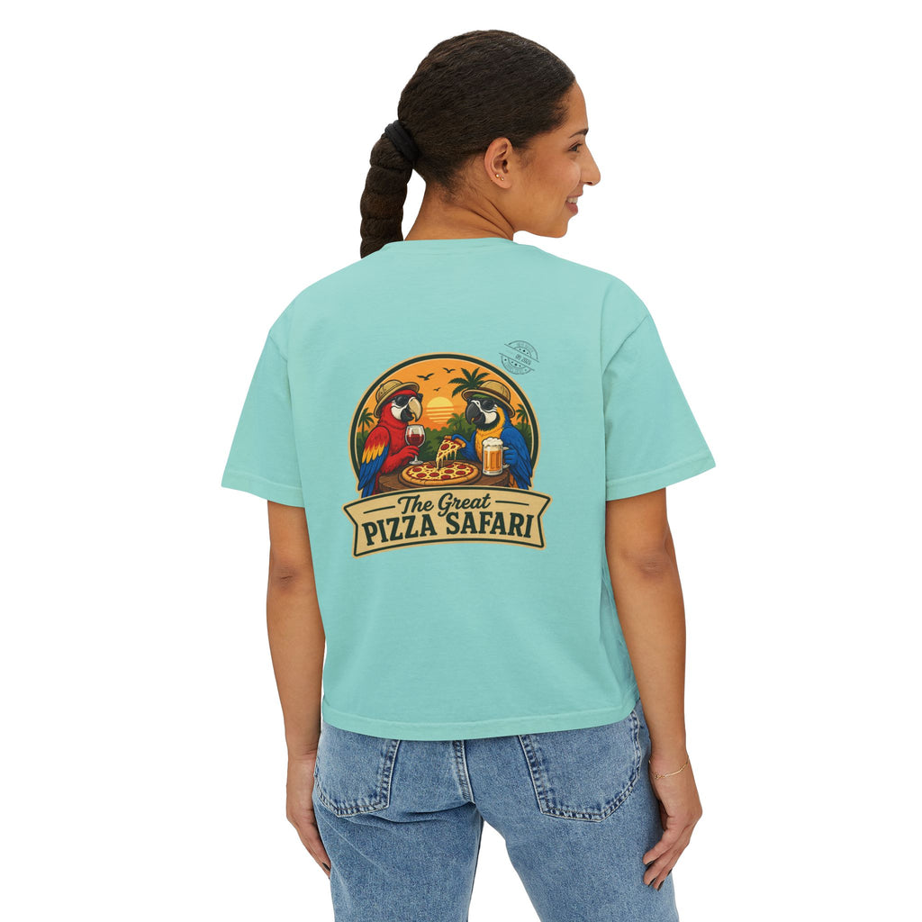 Women's Boxy Tee — The Great Pizza Safari Parrot Graphic T‑Shirt