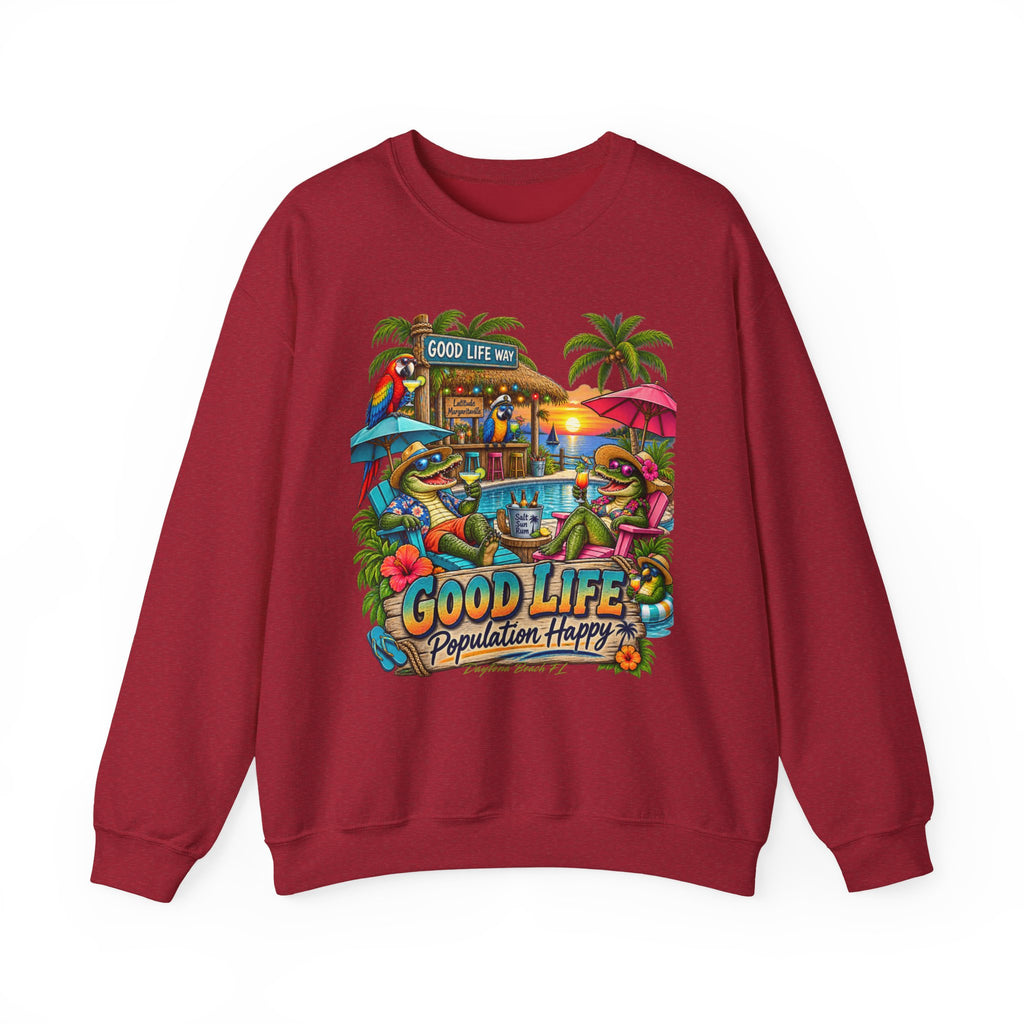 Good Life Beach Crewneck Sweatshirt – Tropical 'Good Life, Population: Happy' Graphic