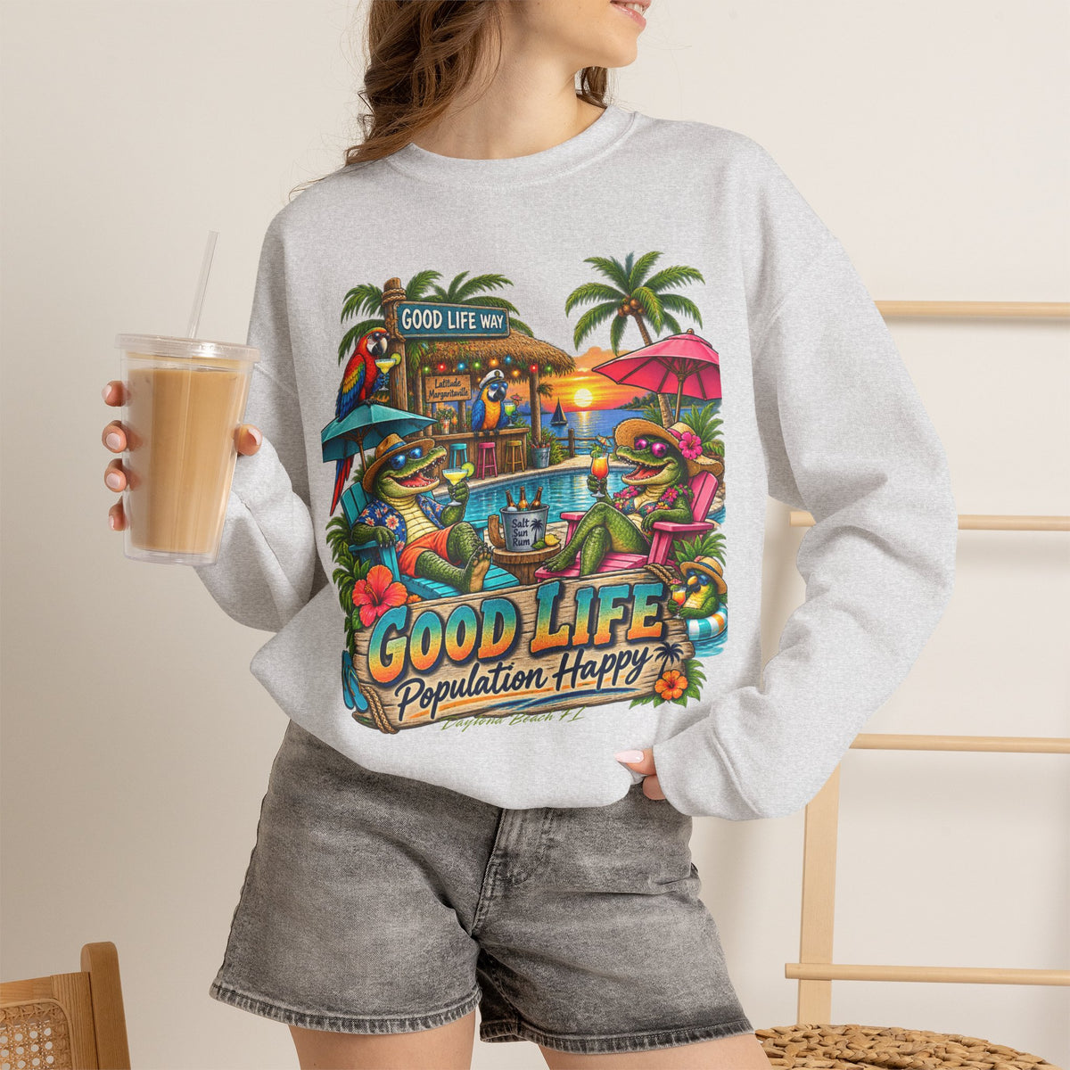 Good Life Beach Crewneck Sweatshirt – Tropical 'Good Life, Population: Happy' Graphic