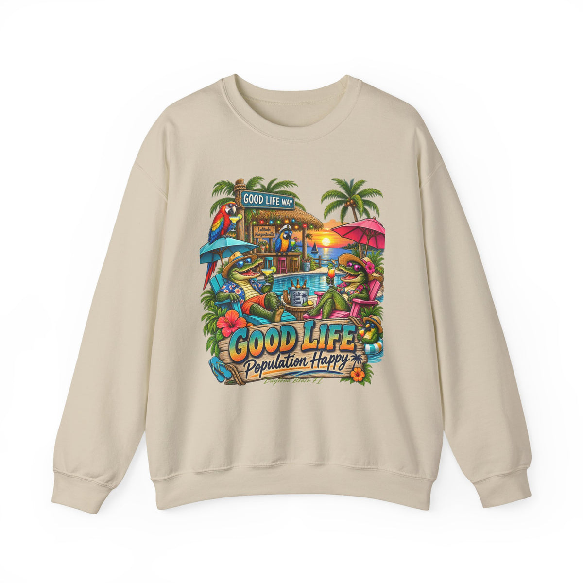Good Life Beach Crewneck Sweatshirt – Tropical 'Good Life, Population: Happy' Graphic