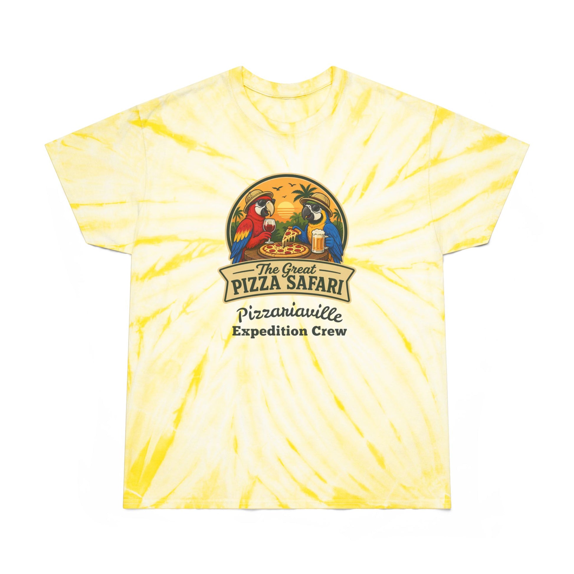 Tie-Dye Tee — The Great Pizza Safari “Pizzariaville Expedition Crew” Graphic Shirt