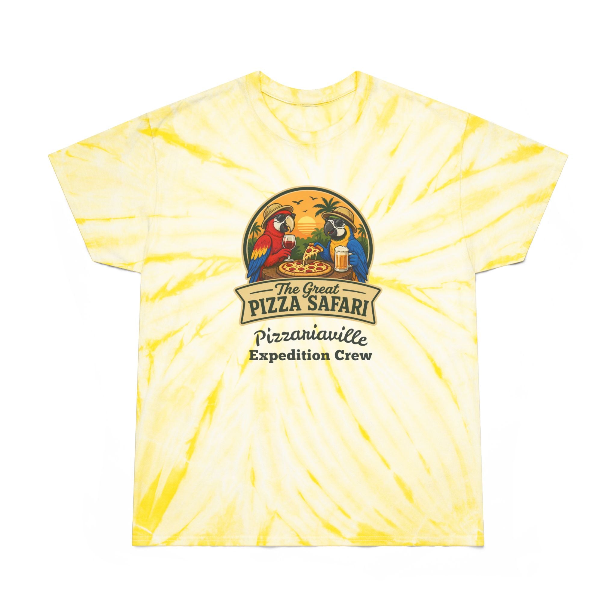 Tie-Dye Tee — The Great Pizza Safari “Pizzariaville Expedition Crew” Graphic Shirt