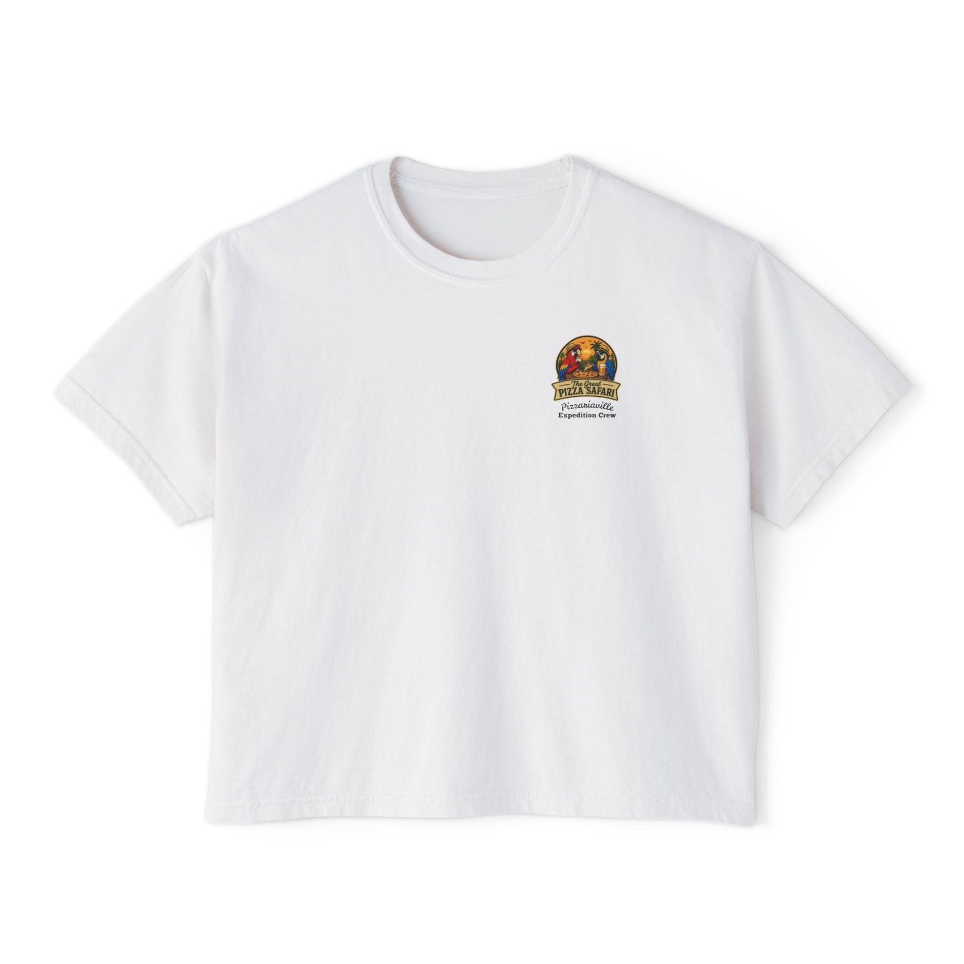 Women's Boxy Tee — The Great Pizza Safari Parrot Graphic T‑Shirt