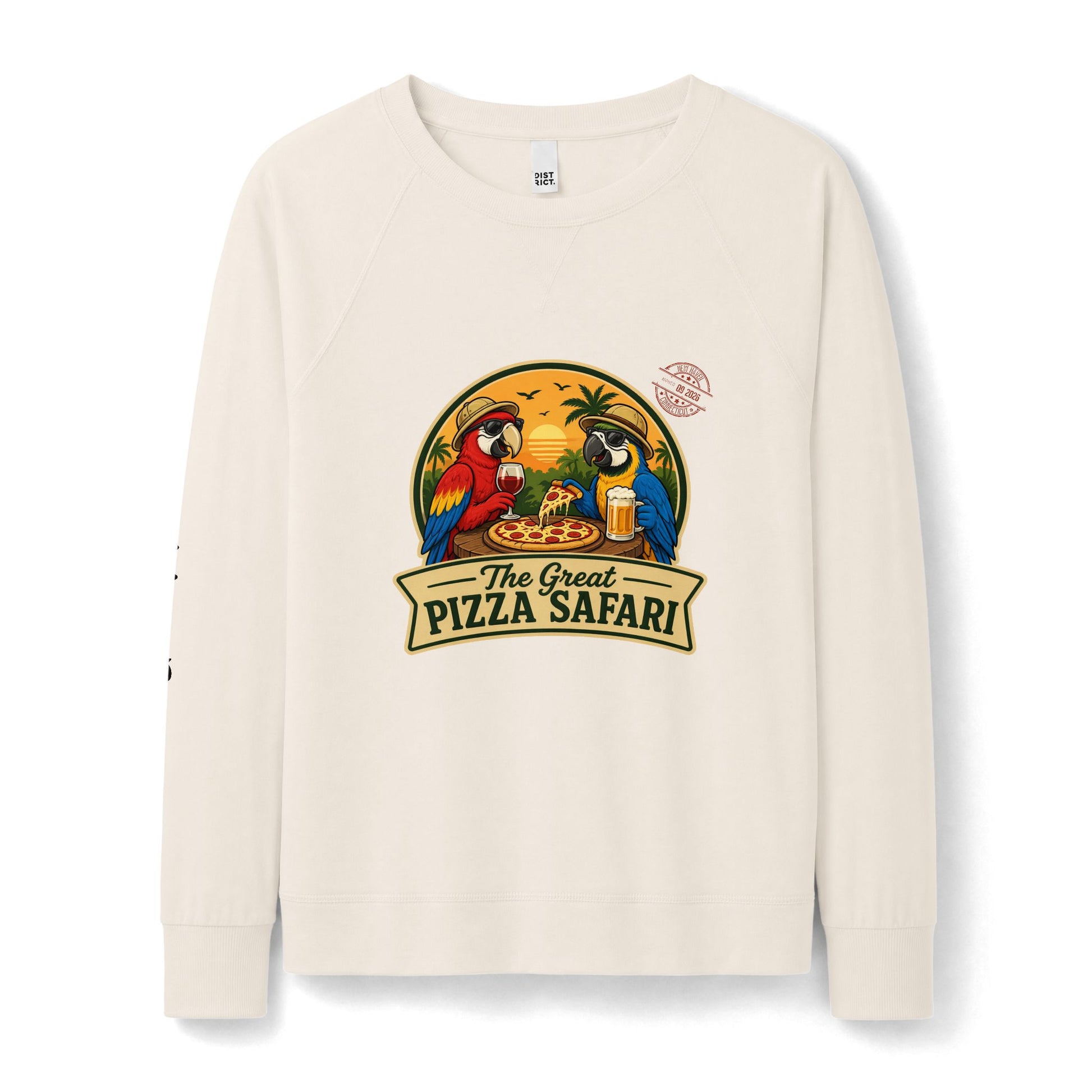 The Great Pizza Safari Crewneck French Terry — Women's Featherweight - Expedition Crew on right sleeve