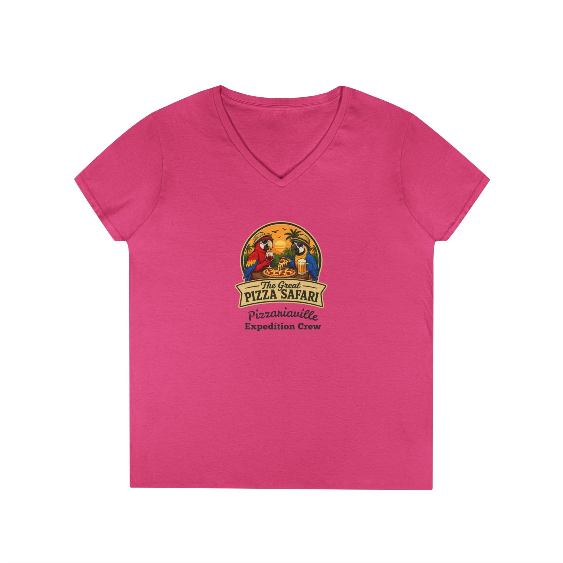 Pizza Safari Ladies' V-Neck T-Shirt — 'Pizzariaville Expedition Crew' Retro Travel Tee